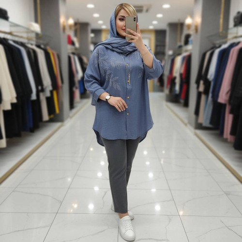 شومیز مانتویی نگین کوبی شده خنک و سبک با تنخوری عالی